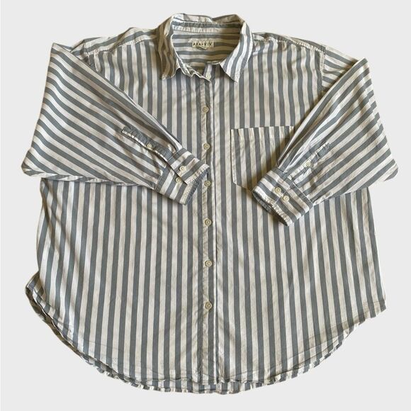 Ava & Viv Striped Button Up Shirt Women's Size 1X Grey White Collared Pocket - Picture 13 of 16